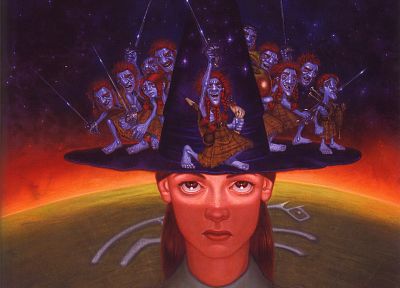 brown eyes, fantasy art, Terry Pratchett, hats, witches, blue skin, book covers - random desktop wallpaper