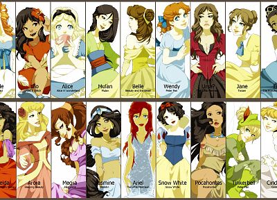 Disney Company, Snow White, Pocahontas, Tinkerbell, Cinderella, Mulan, Esmeralda, Princess Jasmine, Alice (Wonderland), The Hunchback of Notre Dame, Ariel (Mermaid), Disney Princesses, Jane Porter (Tarzan) - desktop wallpaper
