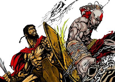 video games, movies, 300 (movie), Sparta, fight, God of War, crossovers, white background - related desktop wallpaper