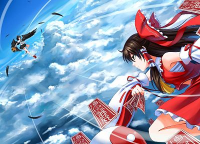 Touhou, Hakurei Reimu, battles, Shameimaru Aya, skyscapes, anime girls - random desktop wallpaper