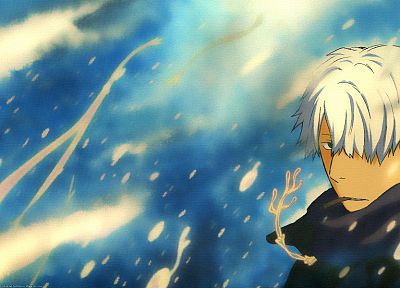 Mushishi, anime boys, Ginko, cigarettes, white hair, windy - desktop wallpaper