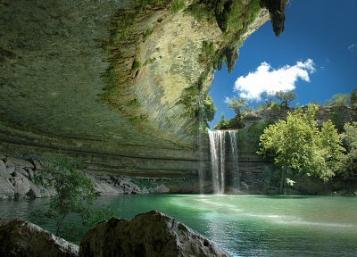 clouds, trees, rocks, waterfalls - duplicate desktop wallpaper