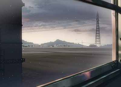 artistic, trains, Makoto Shinkai, power lines, 5 Centimeters Per Second, vehicles, window panes - related desktop wallpaper