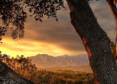 sunset, mountains, landscapes, trees, valleys, HDR photography - random desktop wallpaper