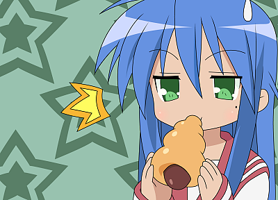 food, Lucky Star, school uniforms, blue hair, green eyes, Izumi Konata - random desktop wallpaper