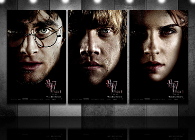 Emma Watson, Harry Potter, Harry Potter and the Deathly Hallows, Daniel Radcliffe, Rupert Grint, Hermione Granger, movie posters, Ron Weasley, faces, men with glasses - desktop wallpaper