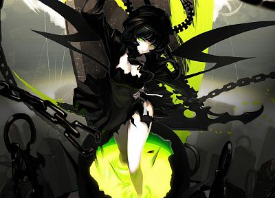 skulls, wings, dress, Black Rock Shooter, Dead Master, horns, green eyes, chains, anime girls - related desktop wallpaper