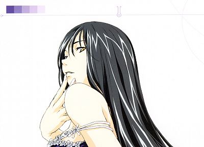 long hair, yellow eyes, simple background, anime girls, black hair, bare shoulders - duplicate desktop wallpaper