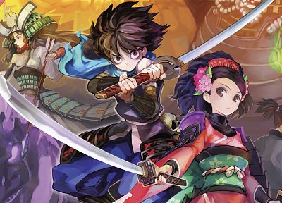 weapons, Momohime, anime boys, Japanese clothes, anime girls, Oboro Muramasa, swords, Torahime, Kisuke - random desktop wallpaper