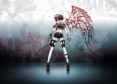 tattoos, tails, wings, guns, blood, grunge, redheads, demons, horns, graffiti, anime, Miwa Shirow, anime girls - random desktop wallpaper