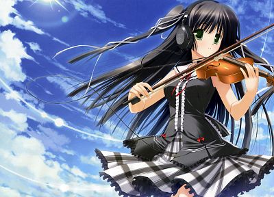 headphones, green eyes, violins, instruments, anime girls, black hair, skies, bare shoulders - related desktop wallpaper