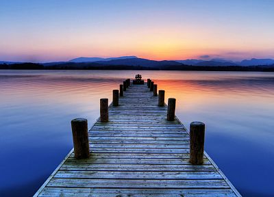 water, sunset, landscapes, England, hills, piers, calm, lakes - related desktop wallpaper