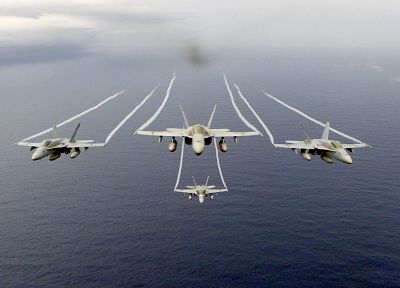 aircraft, military, navy, planes, vehicles, F-18 Hornet, contrails - desktop wallpaper