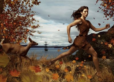 women, Disney Company, trees, models, Jessica Biel, deer, Pocahontas, concept art, running, Annie Leibovitz - random desktop wallpaper