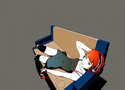 headphones, dress, stockings, redheads, thigh highs, simple background, anime girls, gray background - desktop wallpaper