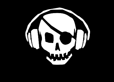headphones, skulls, pirates, eyepatch, black background - desktop wallpaper
