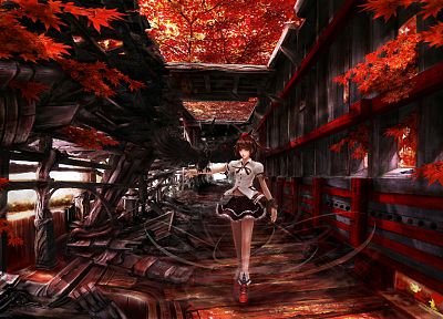 video games, Touhou, autumn, leaves, red eyes, Shameimaru Aya, anime girls, tengu - desktop wallpaper