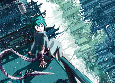 tails, cityscapes, blue eyes, Pixiv, artwork, anime girls - desktop wallpaper