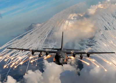 aircraft, C-130 Hercules, flares - popular desktop wallpaper