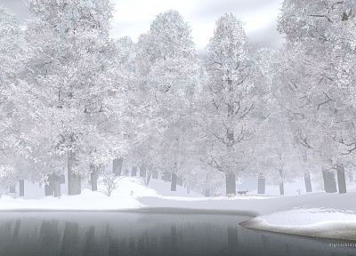water, nature, snow, trees, CGI, wolves, renders - random desktop wallpaper