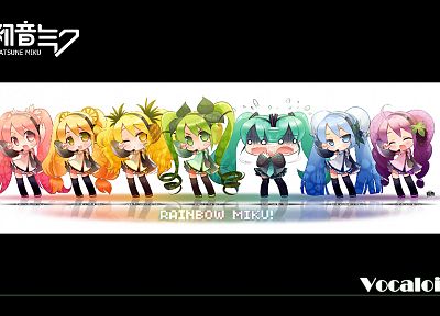 Vocaloid, Hatsune Miku, chibi, rainbows, detached sleeves - random desktop wallpaper