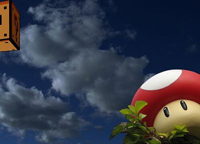 clouds, Mario, mushrooms, One Million Years B.C., One-Up - random desktop wallpaper