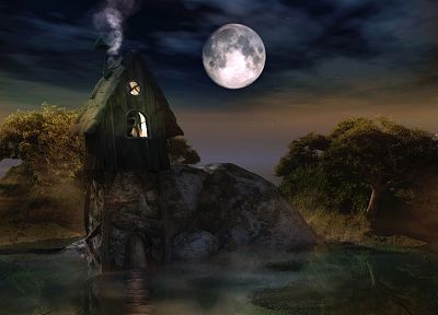 smoke, Moon, fantasy art, huts, nighttime, water body - desktop wallpaper