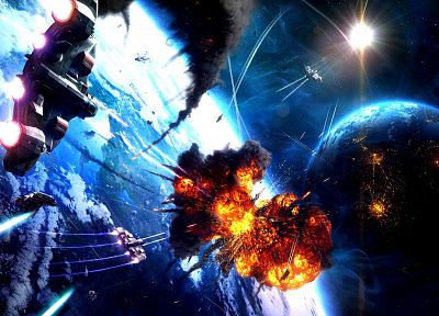 light, outer space, futuristic, explosions, planets, spaceships, digital art, vehicles - related desktop wallpaper