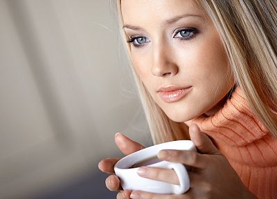 blondes, women, blue eyes, coffee cups - desktop wallpaper