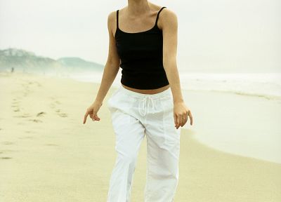 women, sand, actress, Eliza Dushku, barefoot - desktop wallpaper