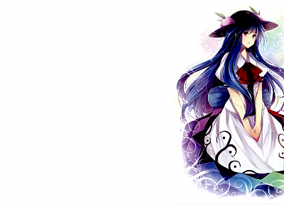 Touhou, dress, patterns, long hair, blue hair, Hinanawi Tenshi, hats, simple background, anime girls, Hagiwara Rin - related desktop wallpaper