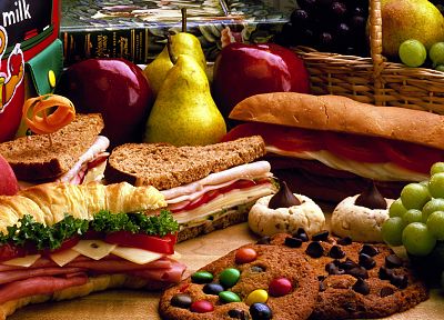 sandwiches, food, cookies, bread, grapes, pears, apples - desktop wallpaper