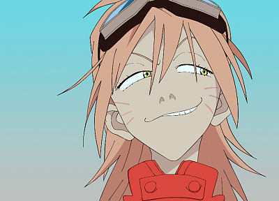 FLCL Fooly Cooly, long hair, goggles, pink hair, yellow eyes, Haruhara Haruko, grin, simple background, anime girls, faces, facial mark, blue background, bangs, gradient background - random desktop wallpaper