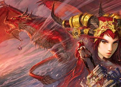 women, wings, dragons, World of Warcraft, redheads, horns, fantasy art, artwork, Alexstrasza, Yaorenwo - desktop wallpaper