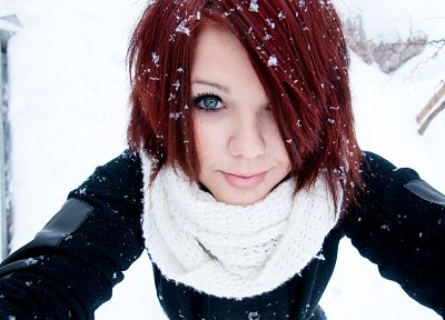 women, snow, eyes, redheads, snowflakes, hair in face, portraits - related desktop wallpaper