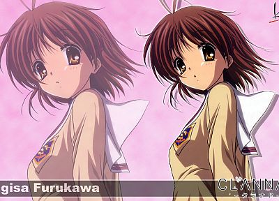 brunettes, school uniforms, Clannad, Furukawa Nagisa, simple background, sailor uniforms, pink background - duplicate desktop wallpaper