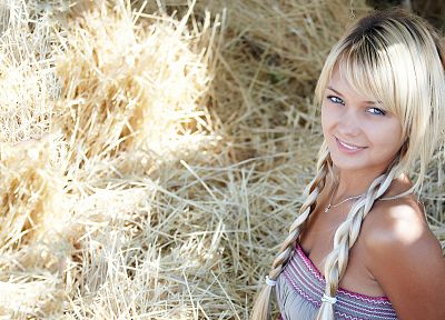 blondes, women, close-up, blue eyes, outdoors, smiling, faces, Lada Paglia - desktop wallpaper