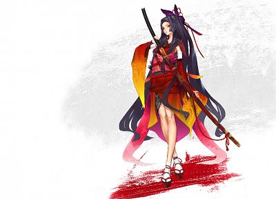 brunettes, gloves, dress, katana, long hair, ribbons, weapons, socks, armor, red eyes, sandals, bandages, soft shading, Redjuice, Japanese clothes, simple background, anime girls, hime cut, detached sleeves, ropes, swords, Kaorihime, nail polish, hair orn - desktop wallpaper