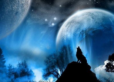outer space, stars, planets, wolves - desktop wallpaper