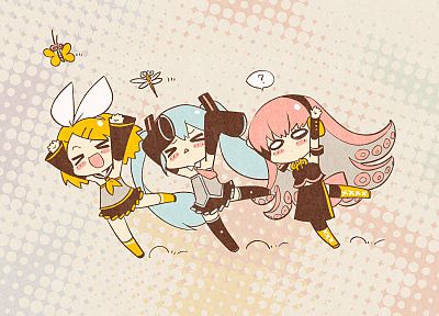 Vocaloid, Hatsune Miku, Megurine Luka, chibi, Kagamine Rin, butterflies - random desktop wallpaper