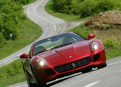 red, forests, cars, Ferrari, roads, vehicles, Ferrari 599, Ferrari 599 GTB Fiorano, front view - desktop wallpaper