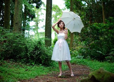 women, plants, Asians, umbrellas, white dress, Mikako Zhang Kaijie - random desktop wallpaper