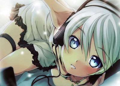 headphones, dress, blue eyes, anime girls, original characters - desktop wallpaper