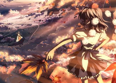 clouds, Touhou, flying, Hakurei Reimu, Shameimaru Aya, skyscapes, anime girls, tengu, Yuuki Tatsuya - related desktop wallpaper