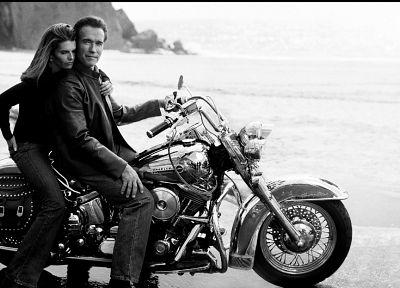jeans, grayscale, Arnold Schwarzenegger, motorbikes, reflections, Maria Shriver, beaches - random desktop wallpaper