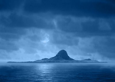 blue, clouds, night, Moon, islands - random desktop wallpaper