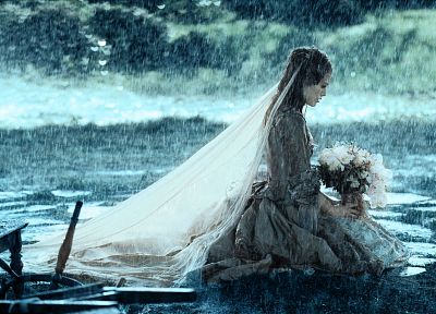 women, rain, flowers, Keira Knightley, brides, Pirates of the Caribbean - random desktop wallpaper