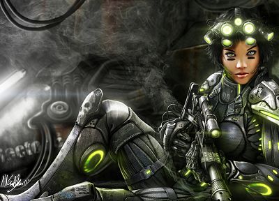 women, video games, StarCraft, DeviantART, sniper rifles, short hair, artwork, female warriors, night vision, Ghost (Starcraft) - related desktop wallpaper