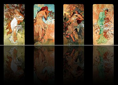 seasons, Alphonse Mucha, panels, reflections, black background - desktop wallpaper
