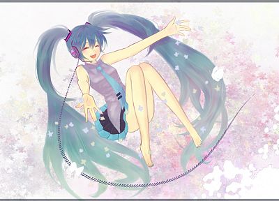 headphones, Vocaloid, Hatsune Miku, long hair, barefoot, twintails, aqua hair, butterflies - related desktop wallpaper